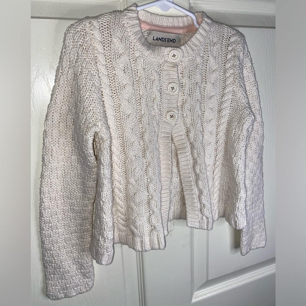 Little Girl Lands’ End Ivory Cable-Knit Cardigan | Size M (5–6) | Cute Sweater